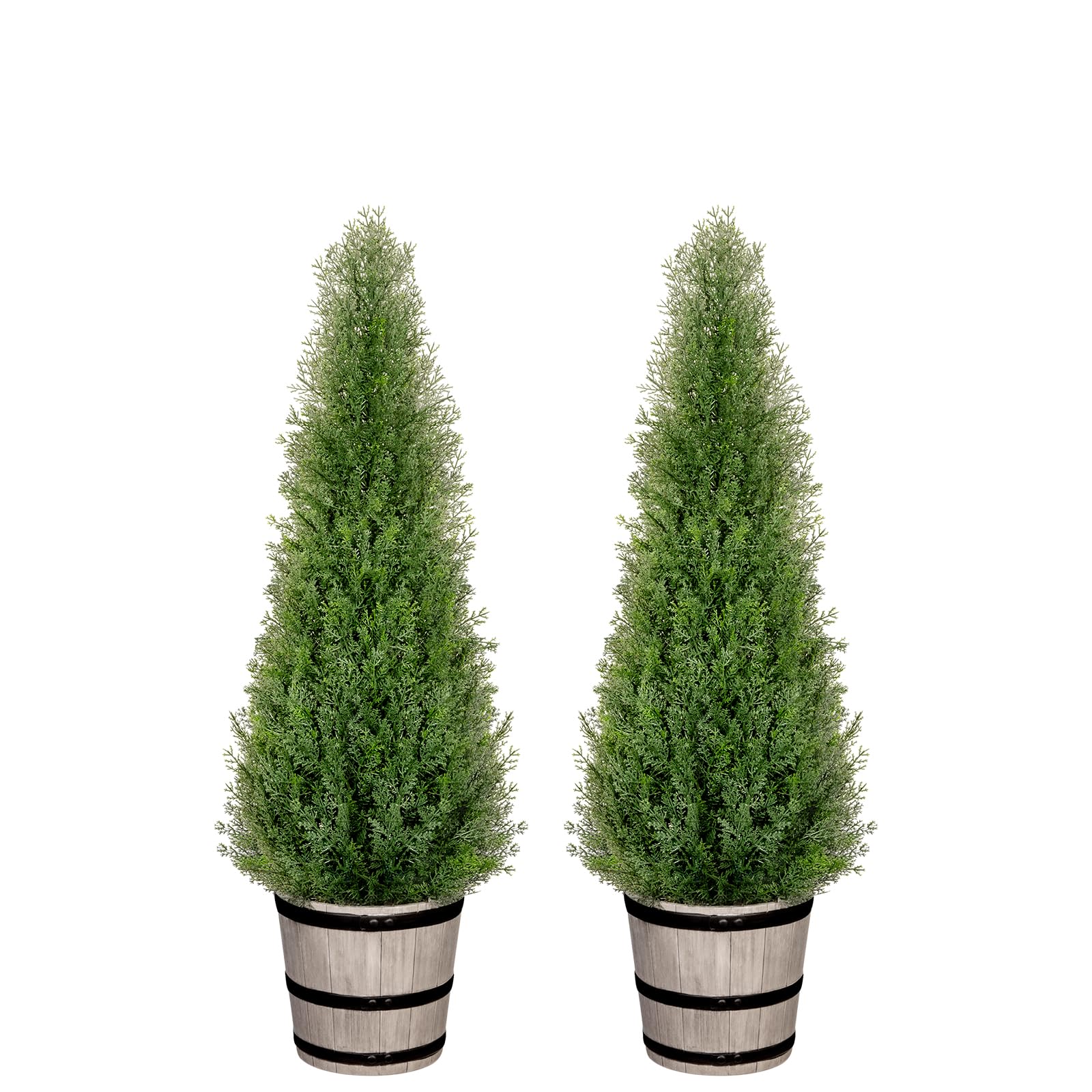 VIVATREES 3FT Artificial Cedar Topiary Trees with Rustic Barrel Planter, Outdoor Indoor Realistic Faux Pine Shrubs Plants, Fake Cypress Trees for Home Offices Porch Decor, Set of 2 