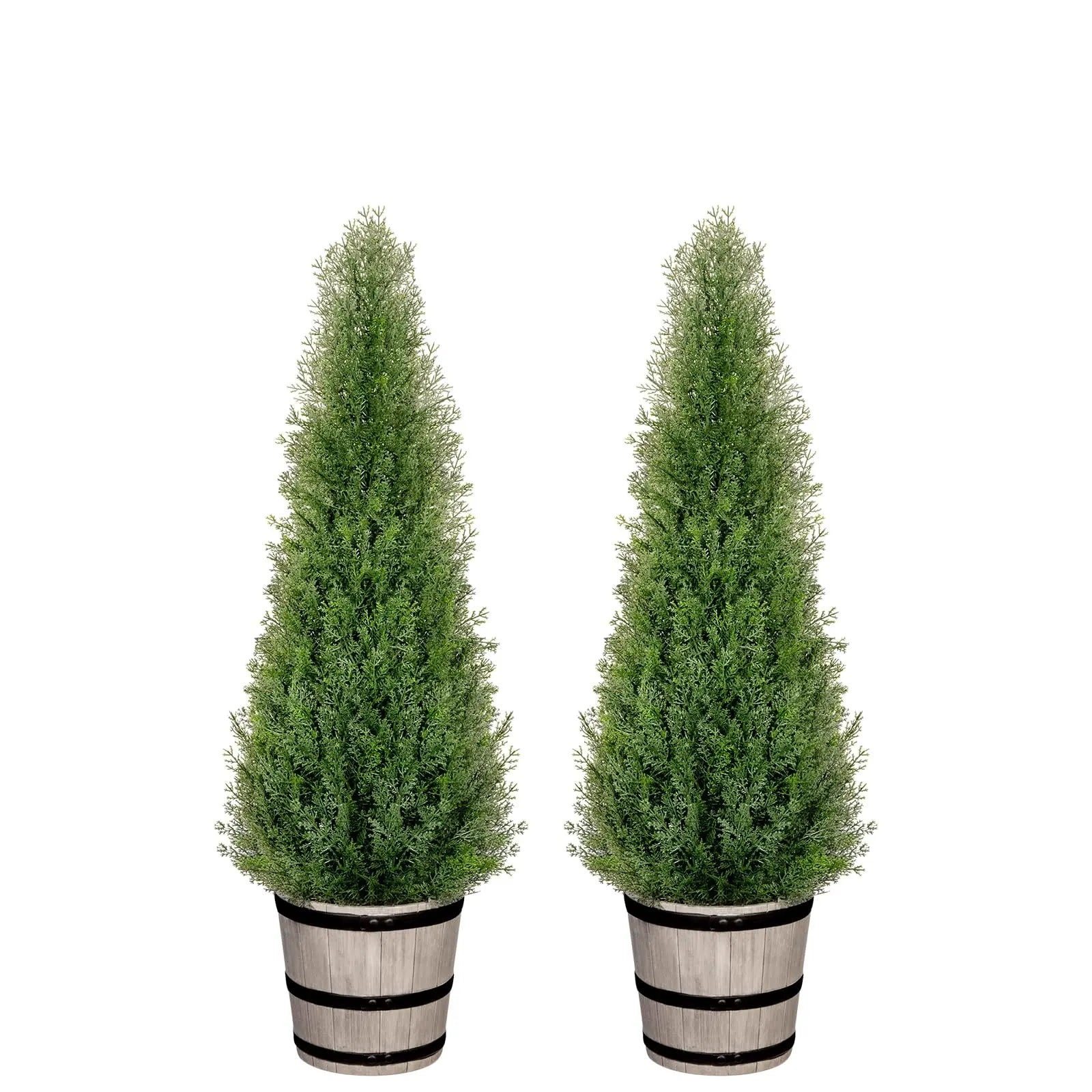 VIVATREES 3FT Artificial Cedar Topiary Trees with Rustic Barrel Planter, Outdoor Indoor Realistic Faux Pine Shrubs Plants, Fake Cypress Trees for Home Offices Porch Decor, Set of 2 