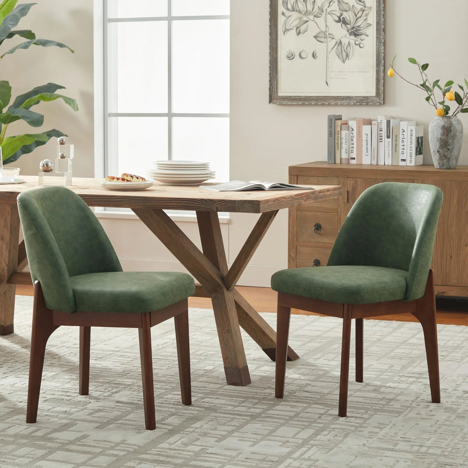 VKNOW Dining Chairs Set of 2, Faux Leather Wooden Kitchen Chairs, Green 