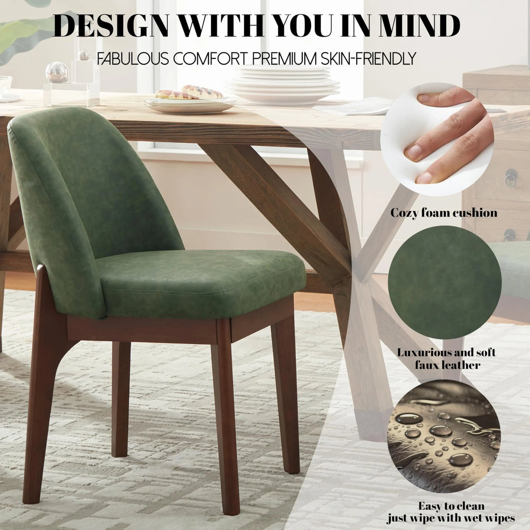 VKNOW Dining Chairs Set of 2, Faux Leather Wooden Kitchen Chairs, Green 