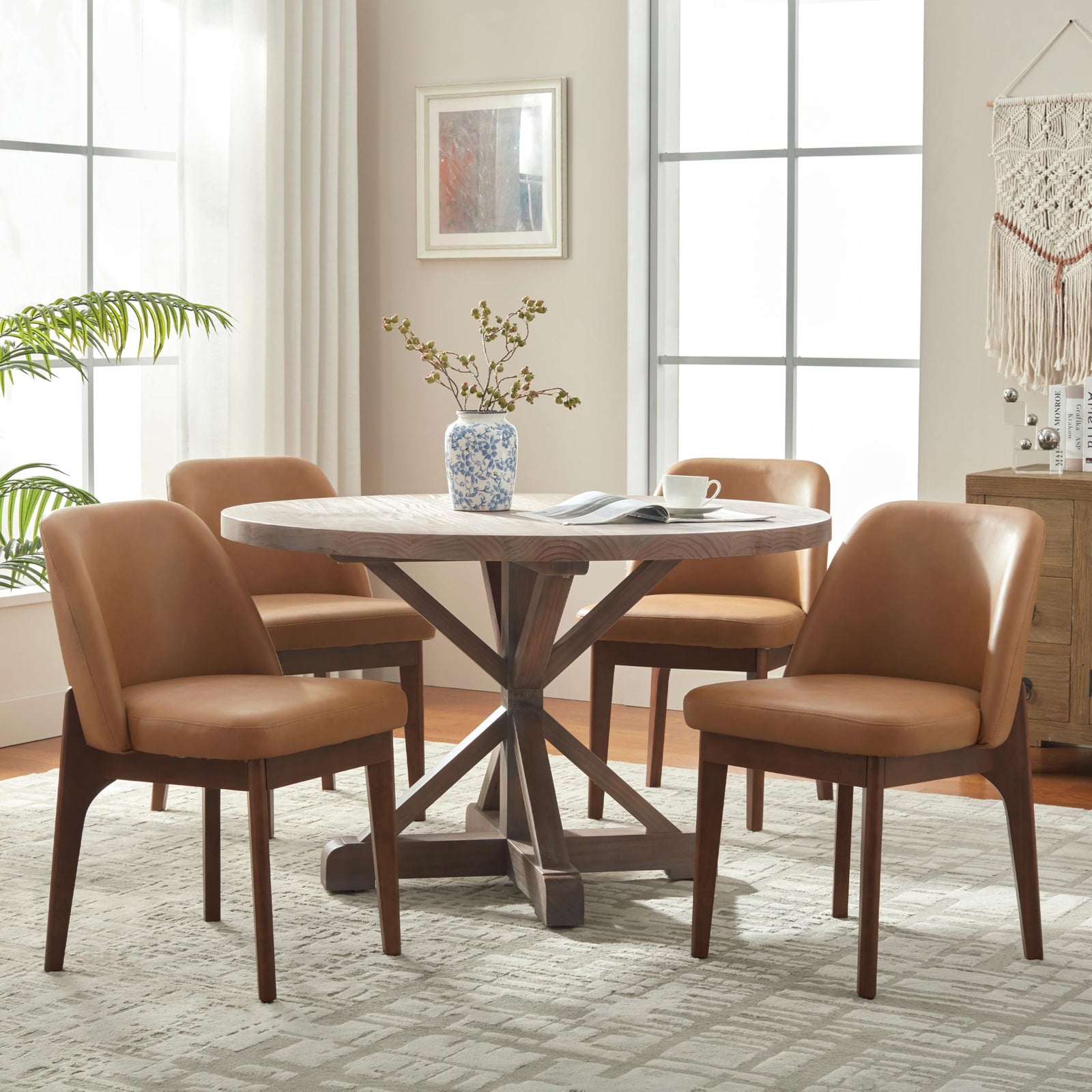 VKNOW Dining Chairs Set of 4, Faux Leather Wooden Kitchen Chairs, Brown 