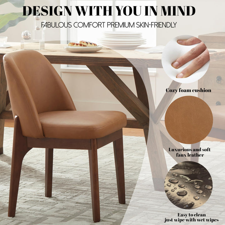 VKNOW Dining Chairs Set of 4, Faux Leather Wooden Kitchen Chairs, Brown 