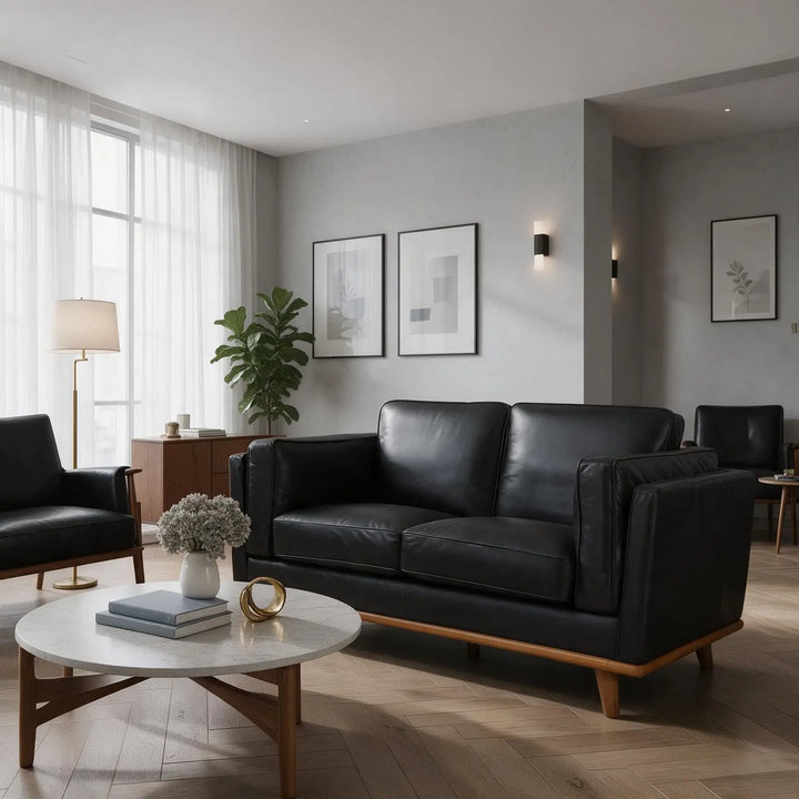 Valencia Artisan Full Leather Loveseat Sofa 66 Inch, Pure Full Italian Nappa Leather, Black