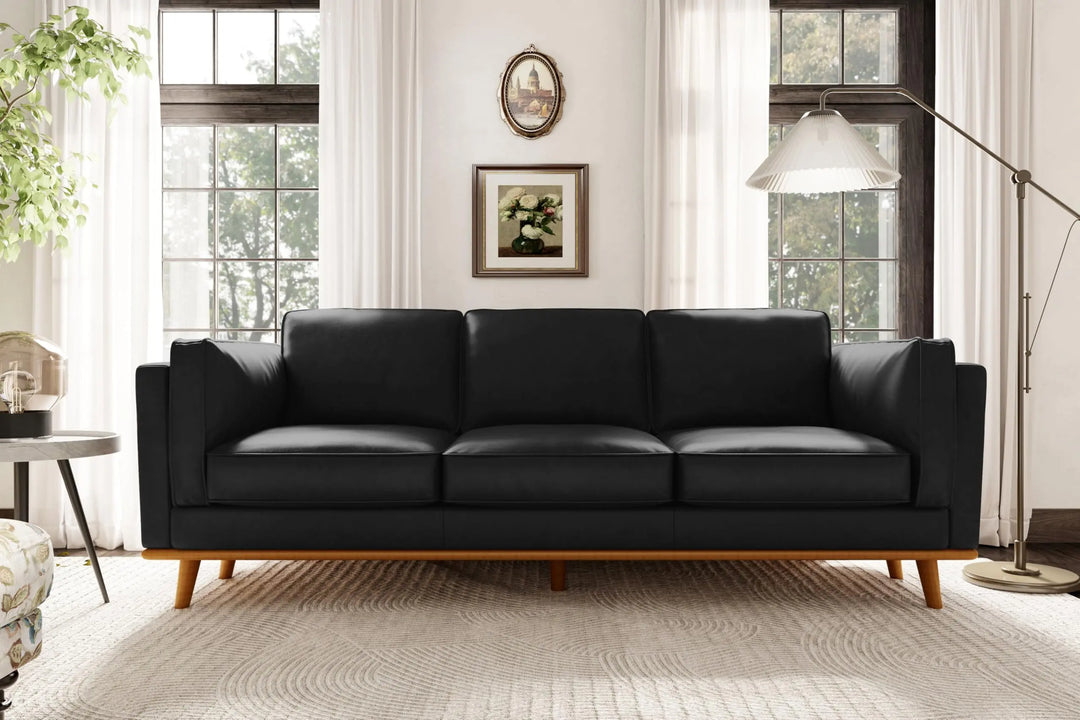 Valencia Artisan Full Leather Sofa 88 Inch, Pure Full Italian Nappa Leather Couch, Black