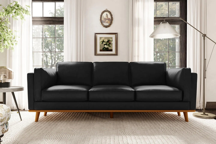 Valencia Artisan Full Leather Sofa 88 Inch, Pure Full Italian Nappa Leather Couch, Black