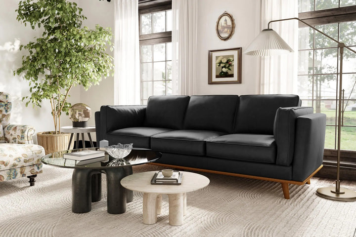 Valencia Artisan Full Leather Sofa 88 Inch, Pure Full Italian Nappa Leather Couch, Black