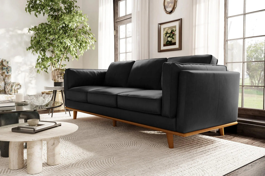 Valencia Artisan Full Leather Sofa 88 Inch, Pure Full Italian Nappa Leather Couch, Black