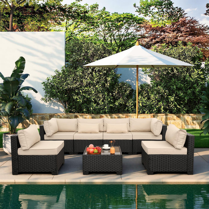 Valita 7 Pieces Outdoor Wicker Furniture Conversation Set Patio Sectional Sofa Set Glass Table with Non-Slip Cushions Furniture Cover, Khaki 