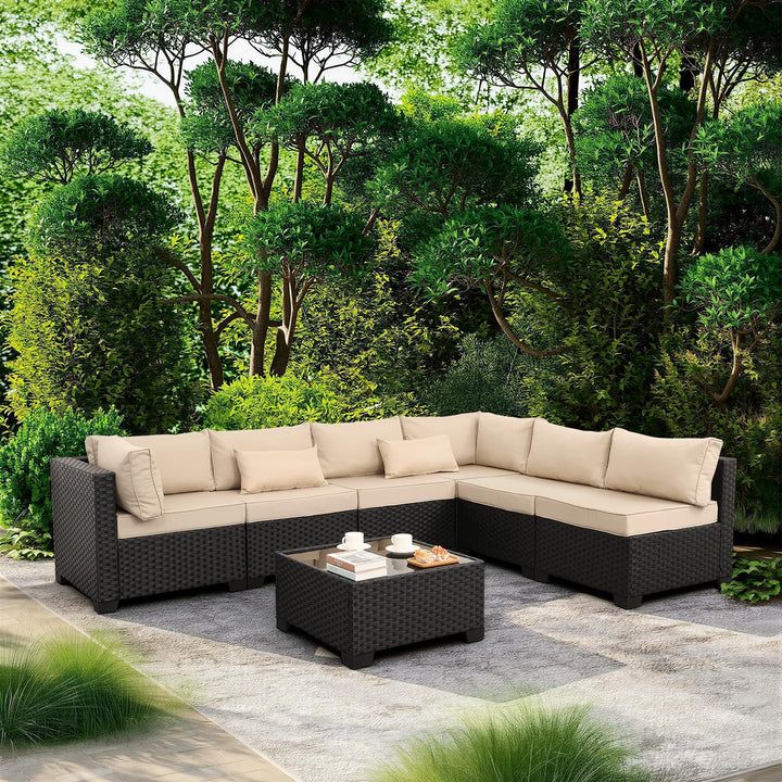 Valita 7 Pieces Outdoor Wicker Furniture Conversation Set Patio Sectional Sofa Set Glass Table with Non-Slip Cushions Furniture Cover, Khaki 