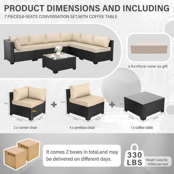 Valita 7 Pieces Outdoor Wicker Furniture Conversation Set Patio Sectional Sofa Set Glass Table with Non-Slip Cushions Furniture Cover, Khaki 