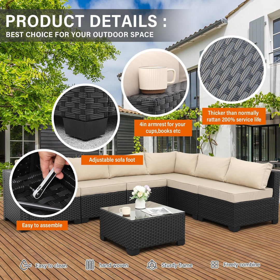 Valita 7 Pieces Outdoor Wicker Furniture Conversation Set Patio Sectional Sofa Set Glass Table with Non-Slip Cushions Furniture Cover, Khaki 
