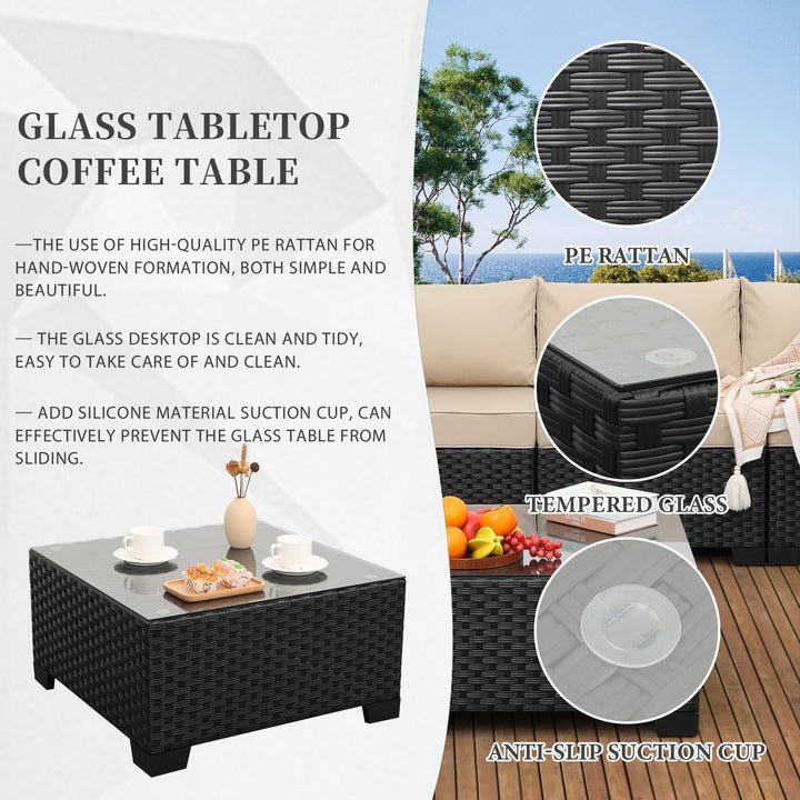 Valita 7 Pieces Outdoor Wicker Furniture Conversation Set Patio Sectional Sofa Set Glass Table with Non-Slip Cushions Furniture Cover, Khaki 