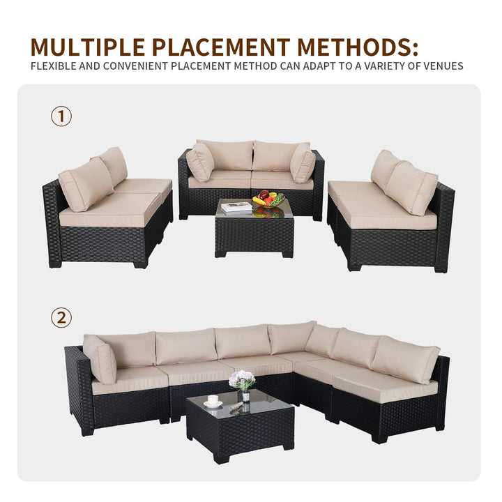 Valita 7 Pieces Outdoor Wicker Furniture Conversation Set Patio Sectional Sofa Set Glass Table with Non-Slip Cushions Furniture Cover, Khaki 