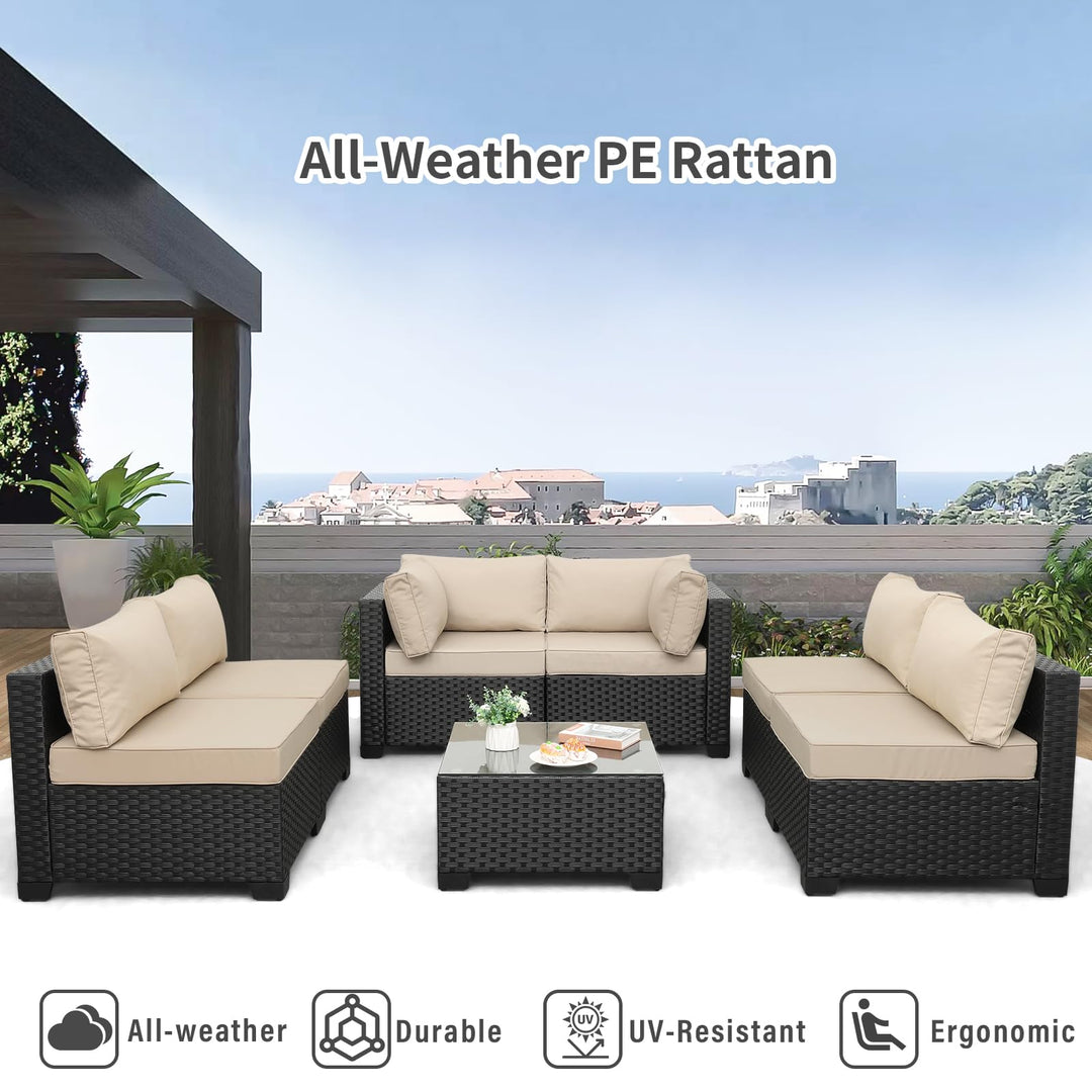 Valita 7 Pieces Outdoor Wicker Furniture Conversation Set Patio Sectional Sofa Set Glass Table with Non-Slip Cushions Furniture Cover, Khaki 