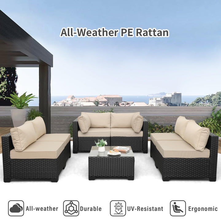 Valita 7 Pieces Outdoor Wicker Furniture Conversation Set Patio Sectional Sofa Set Glass Table with Non-Slip Cushions Furniture Cover, Khaki 