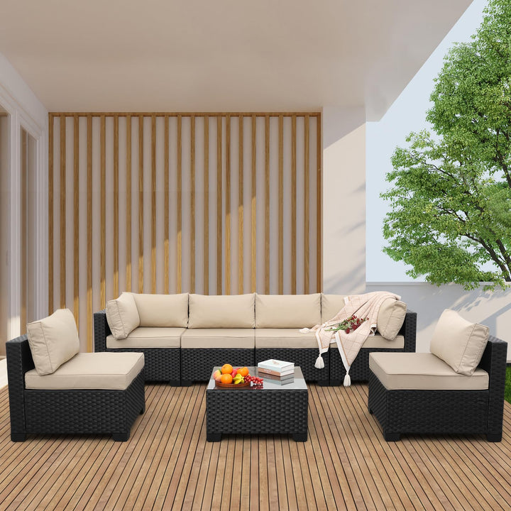 Valita 7 Pieces Outdoor Wicker Furniture Conversation Set Patio Sectional Sofa Set Glass Table with Non-Slip Cushions Furniture Cover, Khaki 