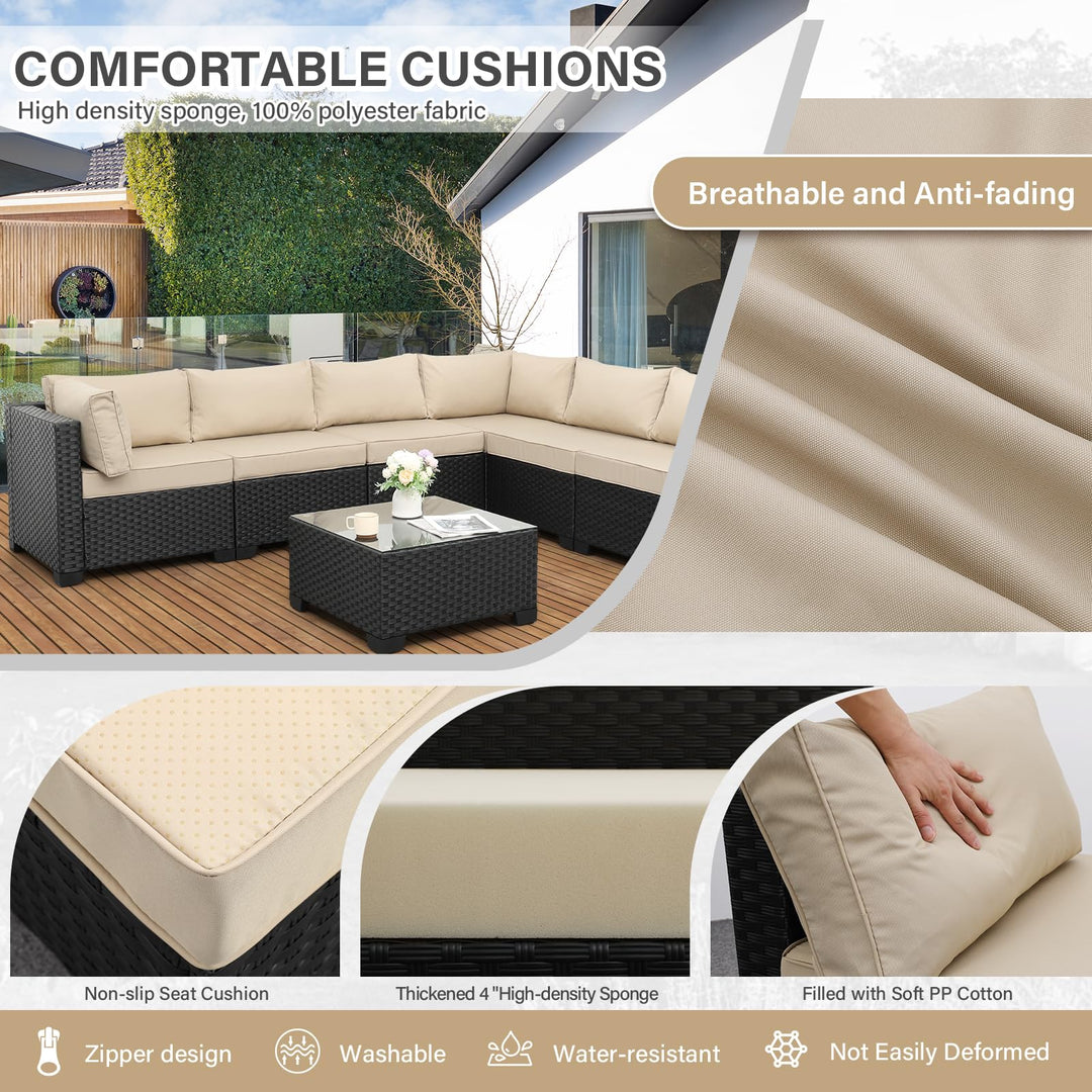 Valita 7 Pieces Outdoor Wicker Furniture Conversation Set Patio Sectional Sofa Set Glass Table with Non-Slip Cushions Furniture Cover, Khaki 