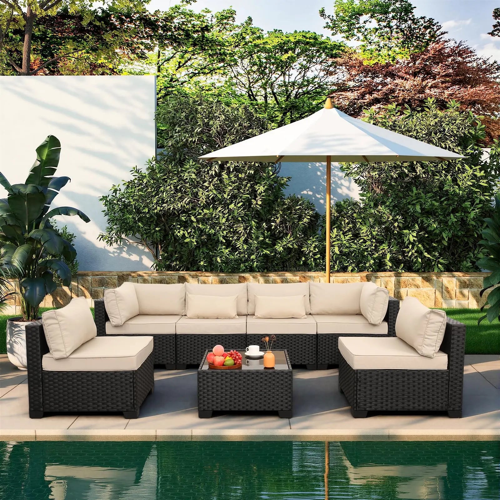 Valita 7 Pieces Outdoor Wicker Furniture Conversation Set Patio Sectional Sofa Set Glass Table with Non-Slip Cushions Furniture Cover, Khaki 