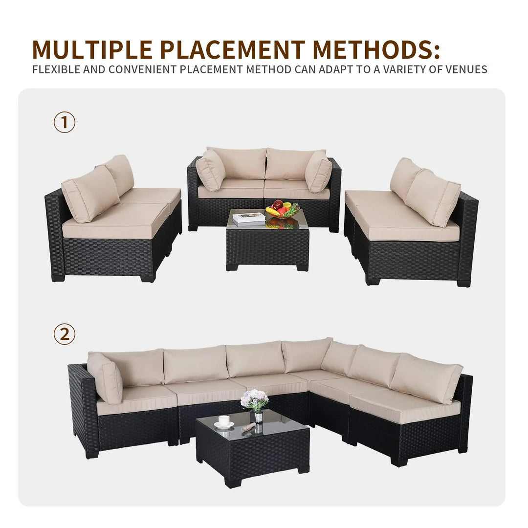 Valita 7 Pieces Outdoor Wicker Furniture Conversation Set Patio Sectional Sofa Set Glass Table with Non-Slip Cushions Furniture Cover, Khaki 