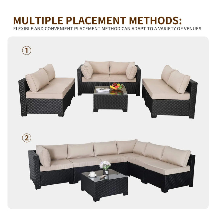 Valita 7 Pieces Outdoor Wicker Furniture Conversation Set Patio Sectional Sofa Set Glass Table with Non-Slip Cushions Furniture Cover, Khaki 