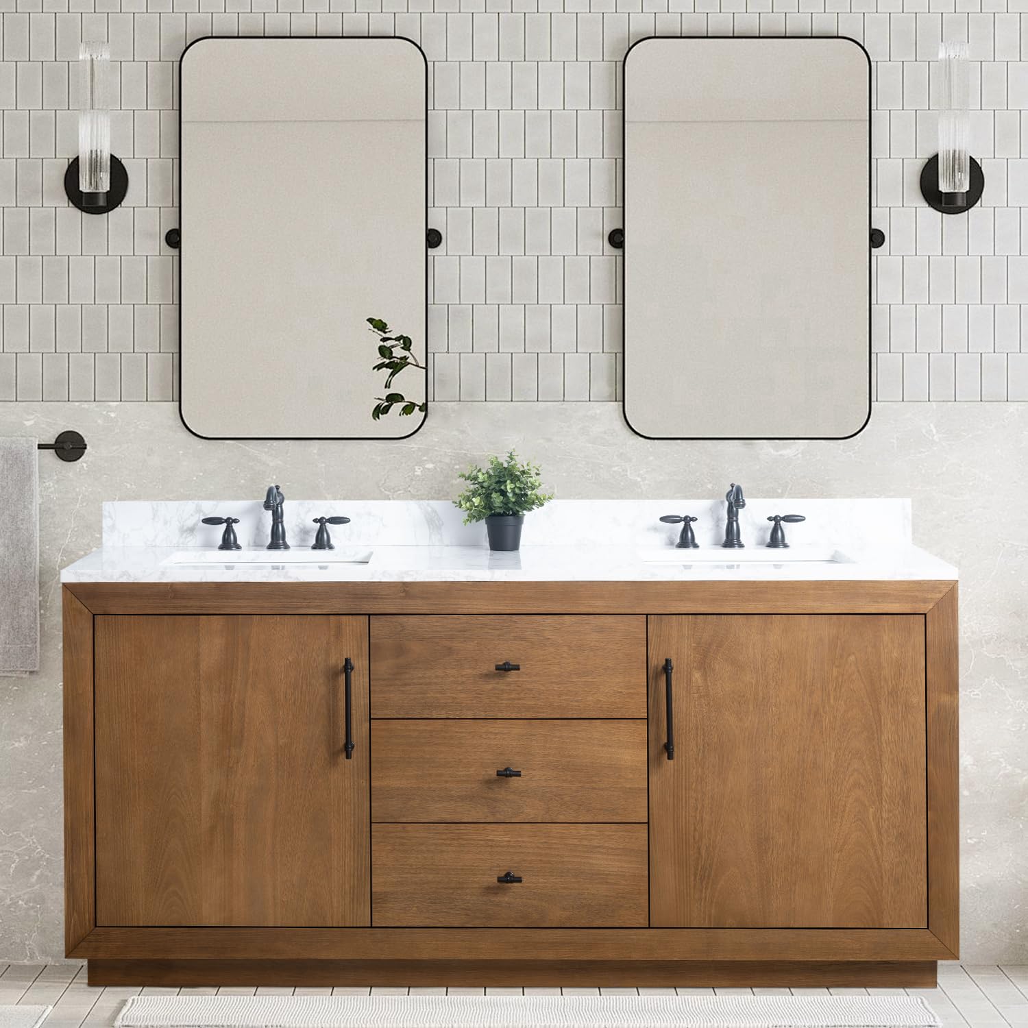 Vanity Art 72 inch Double Sink Bathroom Vanity, Modern Wood Bath Vanity with Carrara Marble Top, Vanity Cabinet with Doors, Removable Shelf, Solid Wood Frame, Tan, VA7072DE 
