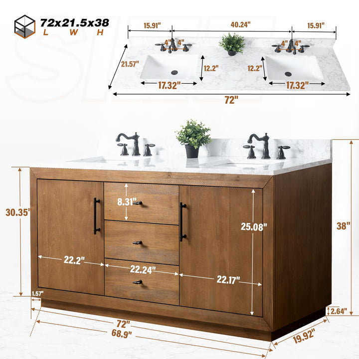 Vanity Art 72 inch Double Sink Bathroom Vanity, Modern Wood Bath Vanity with Carrara Marble Top, Vanity Cabinet with Doors, Removable Shelf, Solid Wood Frame, Tan, VA7072DE 