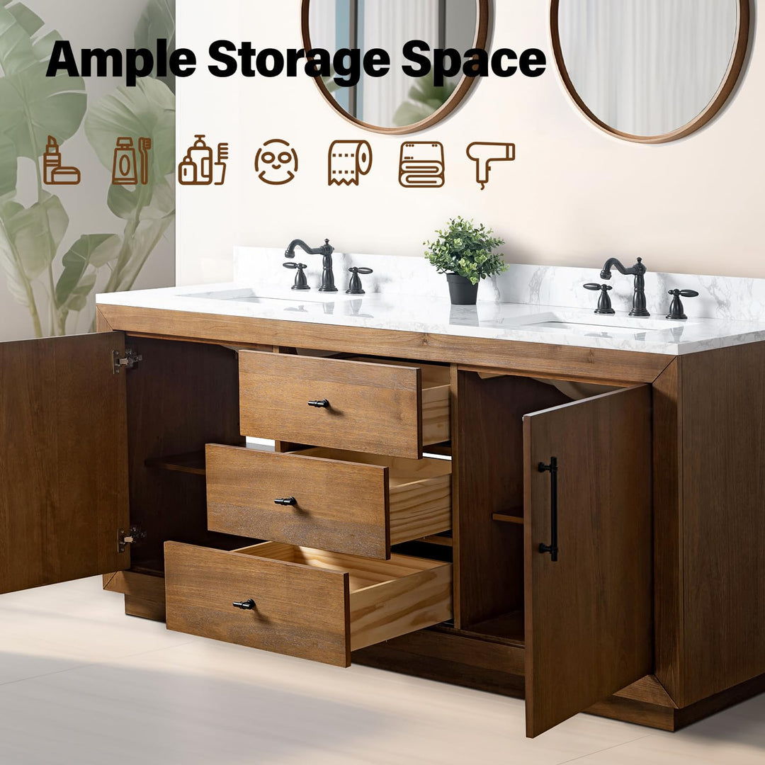 Vanity Art 72 inch Double Sink Bathroom Vanity, Modern Wood Bath Vanity with Carrara Marble Top, Vanity Cabinet with Doors, Removable Shelf, Solid Wood Frame, Tan, VA7072DE 