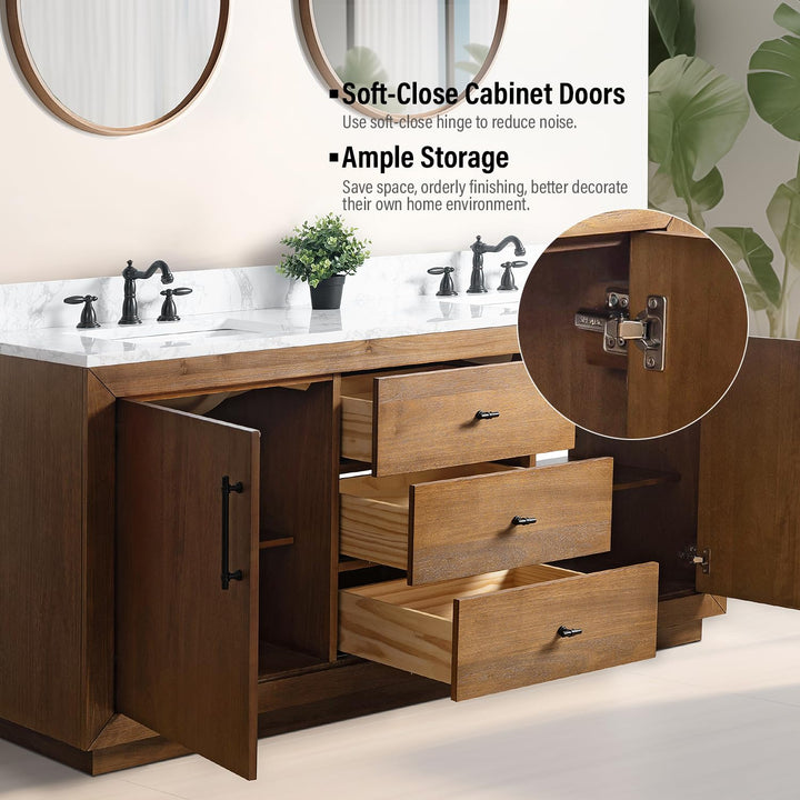 Vanity Art 72 inch Double Sink Bathroom Vanity, Modern Wood Bath Vanity with Carrara Marble Top, Vanity Cabinet with Doors, Removable Shelf, Solid Wood Frame, Tan, VA7072DE 