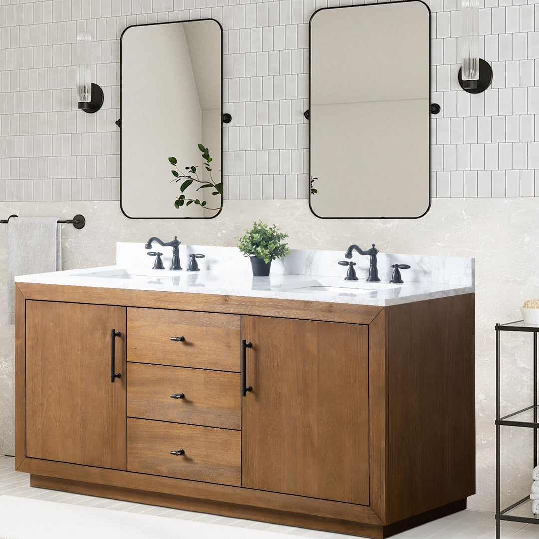 Vanity Art 72 inch Double Sink Bathroom Vanity, Modern Wood Bath Vanity with Carrara Marble Top, Vanity Cabinet with Doors, Removable Shelf, Solid Wood Frame, Tan, VA7072DE 