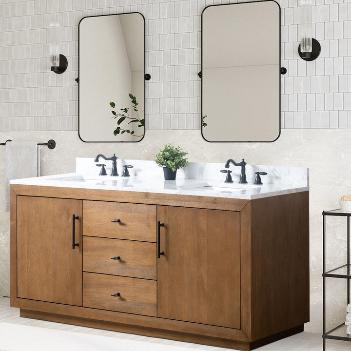 Vanity Art 72 inch Double Sink Bathroom Vanity, Modern Wood Bath Vanity with Carrara Marble Top, Vanity Cabinet with Doors, Removable Shelf, Solid Wood Frame, Tan, VA7072DE 
