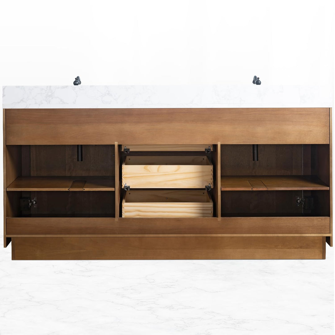 Vanity Art 72 inch Double Sink Bathroom Vanity, Modern Wood Bath Vanity with Carrara Marble Top, Vanity Cabinet with Doors, Removable Shelf, Solid Wood Frame, Tan, VA7072DE 