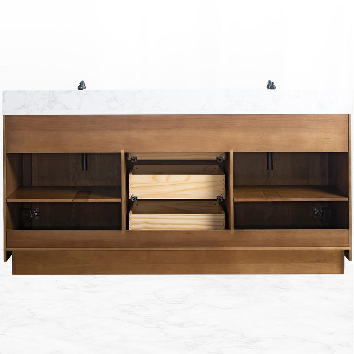 Vanity Art 72 inch Double Sink Bathroom Vanity, Modern Wood Bath Vanity with Carrara Marble Top, Vanity Cabinet with Doors, Removable Shelf, Solid Wood Frame, Tan, VA7072DE 