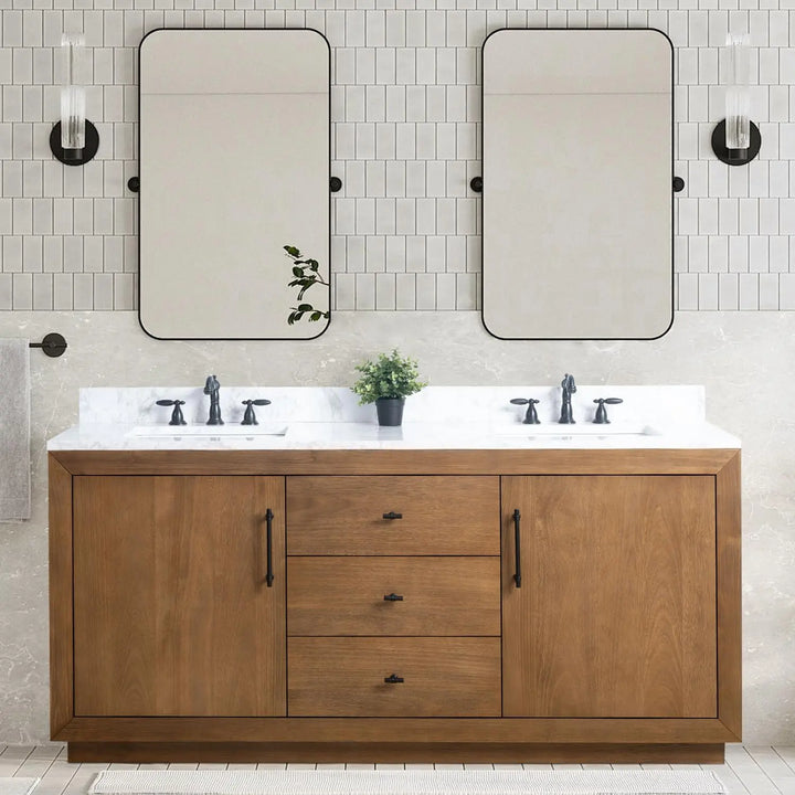 Vanity Art 72 inch Double Sink Bathroom Vanity, Modern Wood Bath Vanity with Carrara Marble Top, Vanity Cabinet with Doors, Removable Shelf, Solid Wood Frame, Tan, VA7072DE 