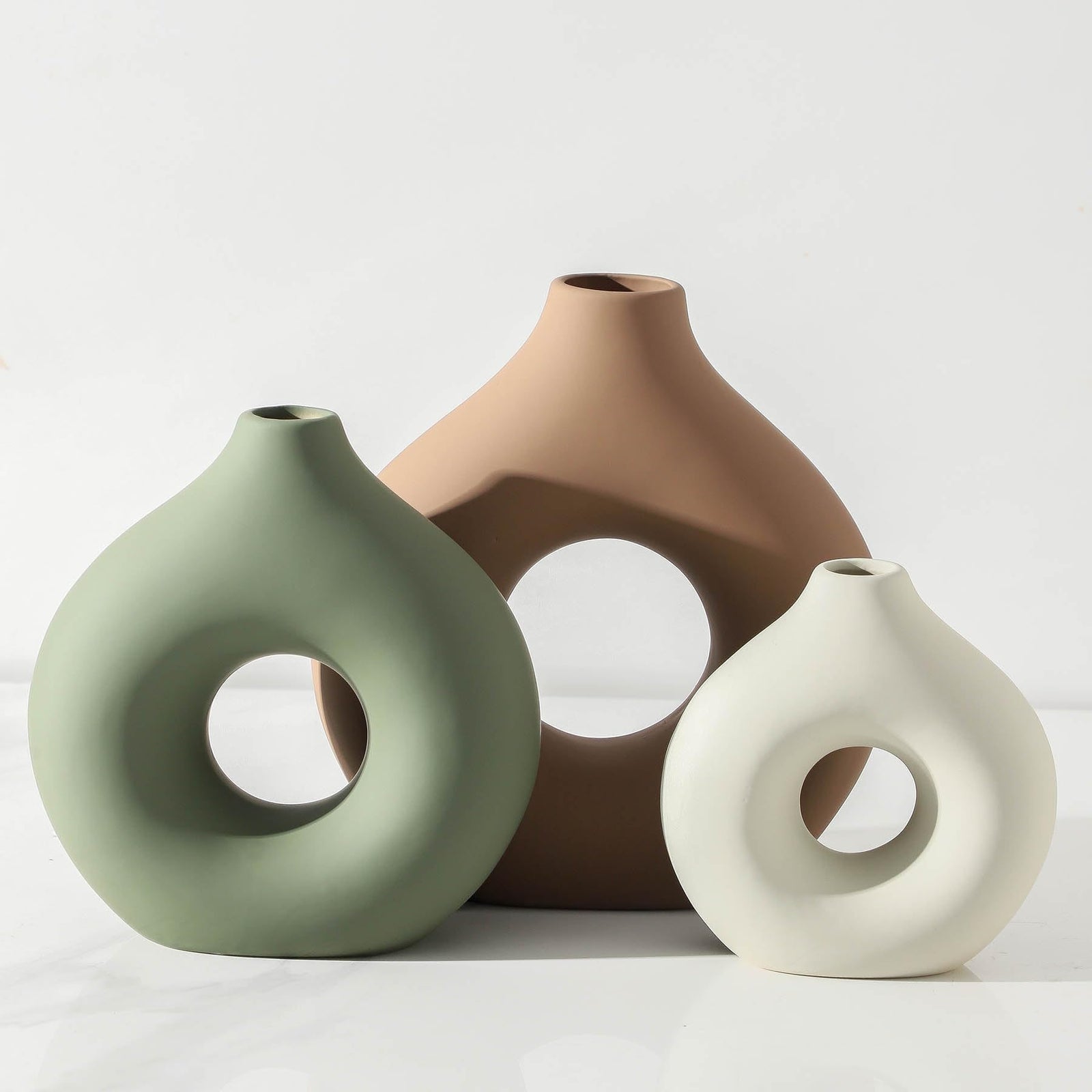 Vanselia Ceramic Vase Home Table Decor - Flower Vases Set of 3 Small Living Room Centerpiece Decorations for Shelf Bedroom Office Kitchen Dining Desk Modern Aesthetic Farmhouse Decorative (Brown) 