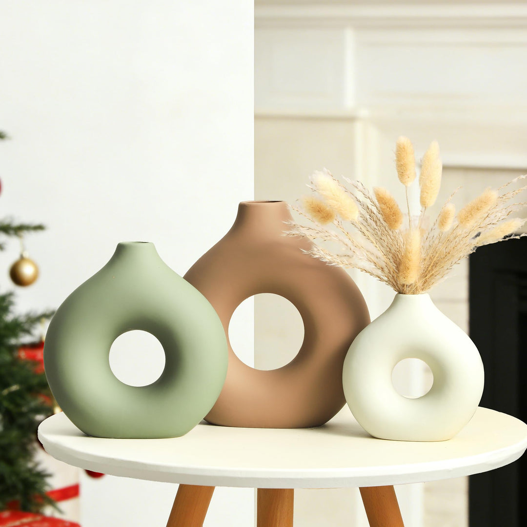 Vanselia Ceramic Vase Home Table Decor - Flower Vases Set of 3 Small Living Room Centerpiece Decorations for Shelf Bedroom Office Kitchen Dining Desk Modern Aesthetic Farmhouse Decorative (Brown) 