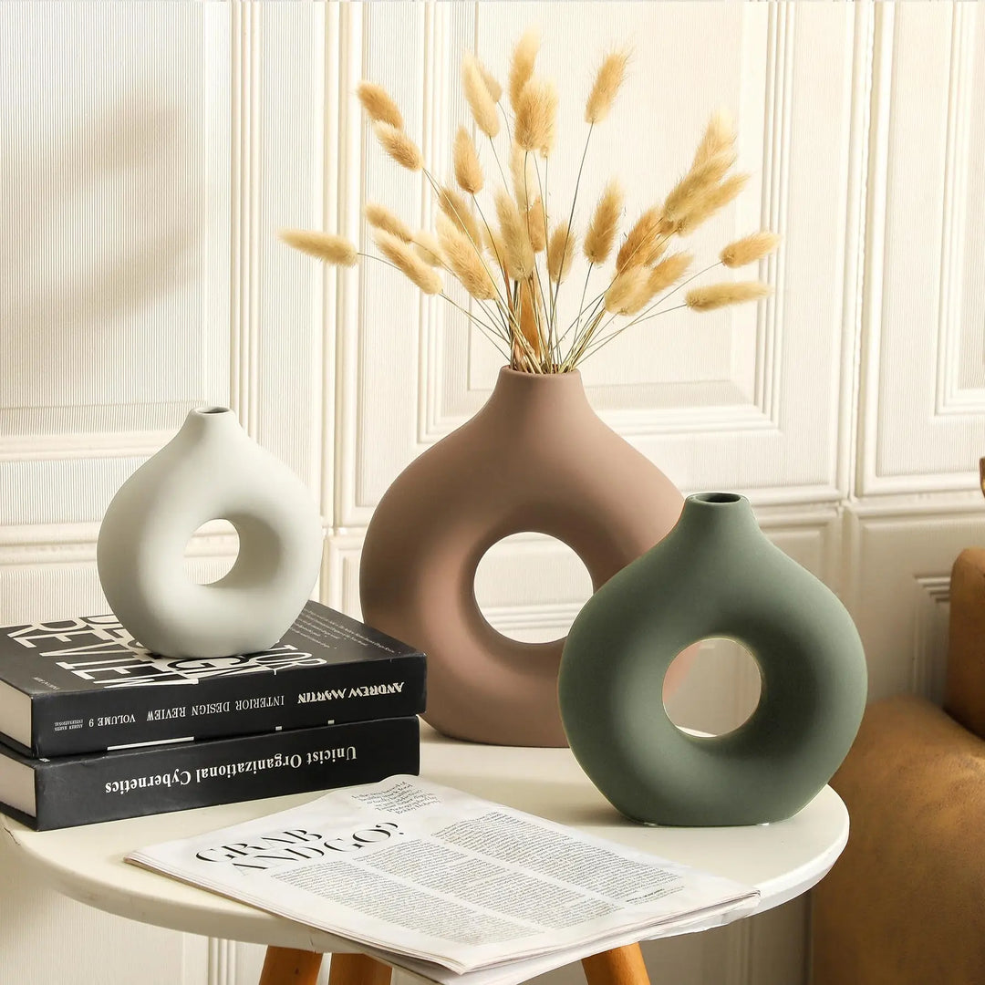 Vanselia Ceramic Vase Home Table Decor - Flower Vases Set of 3 Small Living Room Centerpiece Decorations for Shelf Bedroom Office Kitchen Dining Desk Modern Aesthetic Farmhouse Decorative (Brown)