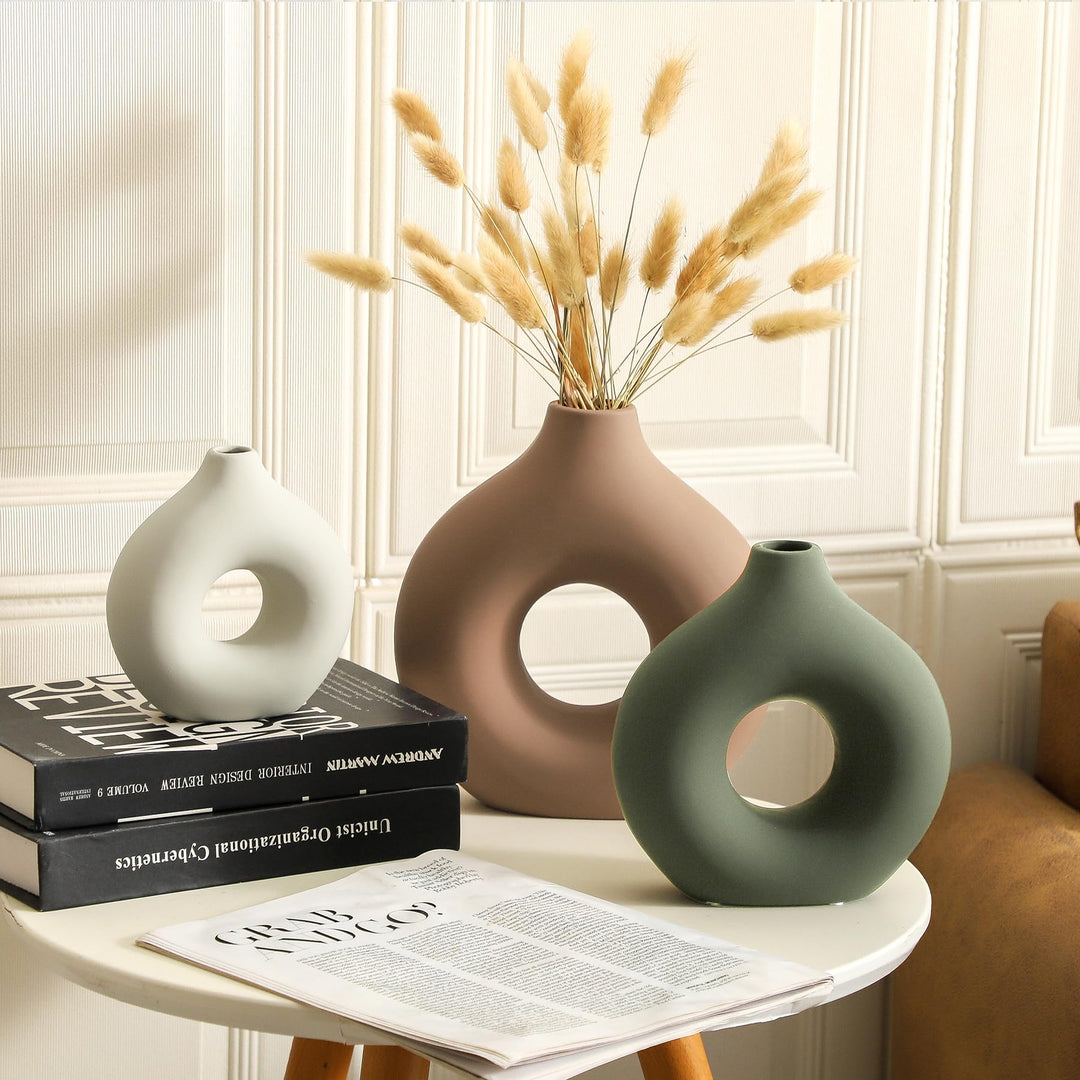 Vanselia Ceramic Vase Home Table Decor - Flower Vases Set of 3 Small Living Room Centerpiece Decorations for Shelf Bedroom Office Kitchen Dining Desk Modern Aesthetic Farmhouse Decorative (Brown) 