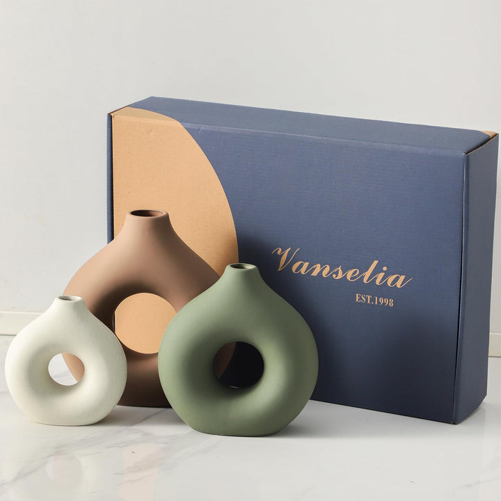 Vanselia Ceramic Vase Home Table Decor - Flower Vases Set of 3 Small Living Room Centerpiece Decorations for Shelf Bedroom Office Kitchen Dining Desk Modern Aesthetic Farmhouse Decorative (Brown) 