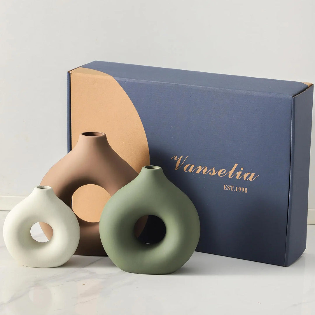 Vanselia Ceramic Vase Home Table Decor - Flower Vases Set of 3 Small Living Room Centerpiece Decorations for Shelf Bedroom Office Kitchen Dining Desk Modern Aesthetic Farmhouse Decorative (Brown)