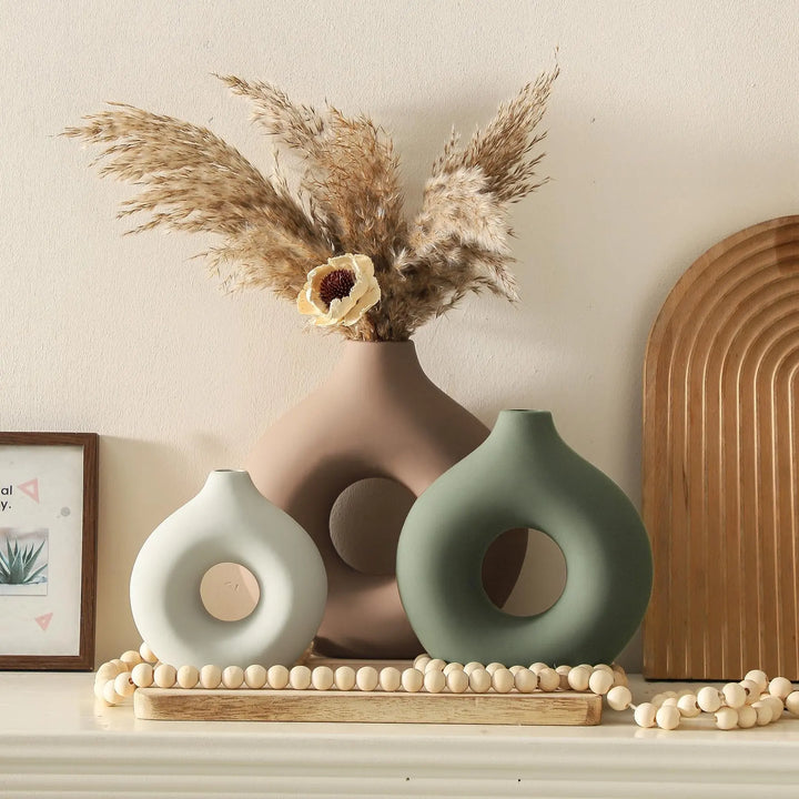 Vanselia Ceramic Vase Home Table Decor - Flower Vases Set of 3 Small Living Room Centerpiece Decorations for Shelf Bedroom Office Kitchen Dining Desk Modern Aesthetic Farmhouse Decorative (Brown)