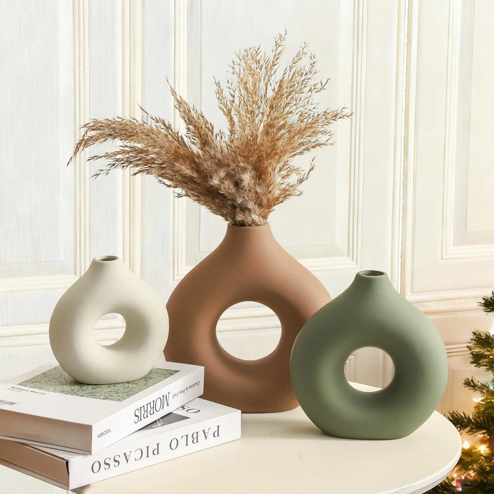 Vanselia Ceramic Vase Home Table Decor - Flower Vases Set of 3 Small Living Room Centerpiece Decorations for Shelf Bedroom Office Kitchen Dining Desk Modern Aesthetic Farmhouse Decorative (Brown)