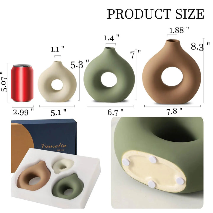 Vanselia Ceramic Vase Home Table Decor - Flower Vases Set of 3 Small Living Room Centerpiece Decorations for Shelf Bedroom Office Kitchen Dining Desk Modern Aesthetic Farmhouse Decorative (Brown) 