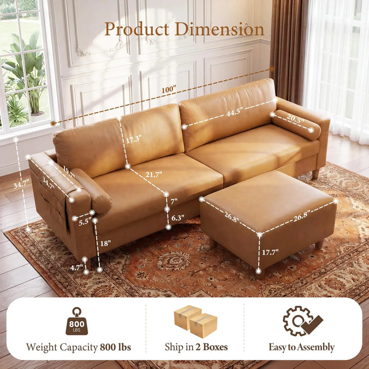 Vesgantti 100" L-Shaped Faux Leather Modular Sectional Couch, Camel