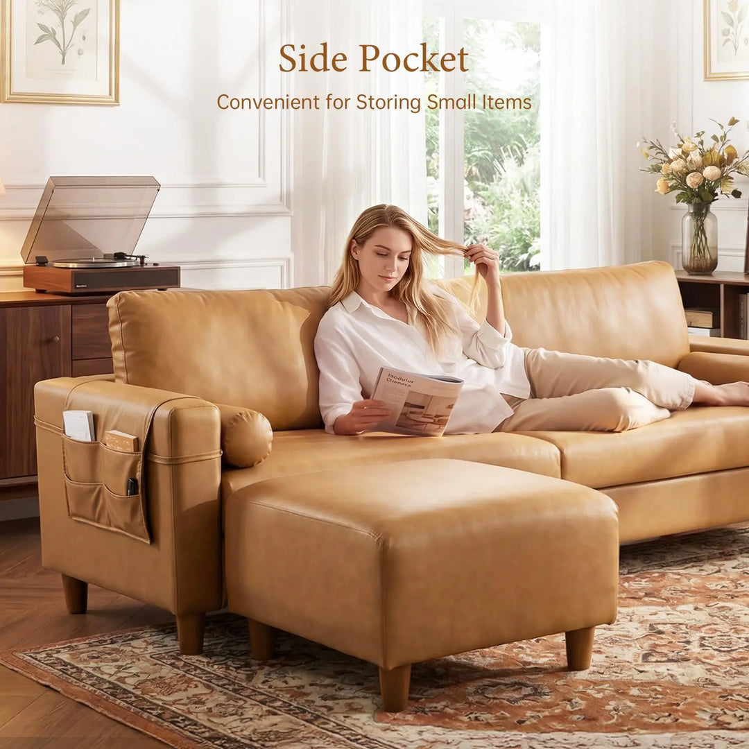 Vesgantti 100" L-Shaped Faux Leather Modular Sectional Couch, Camel