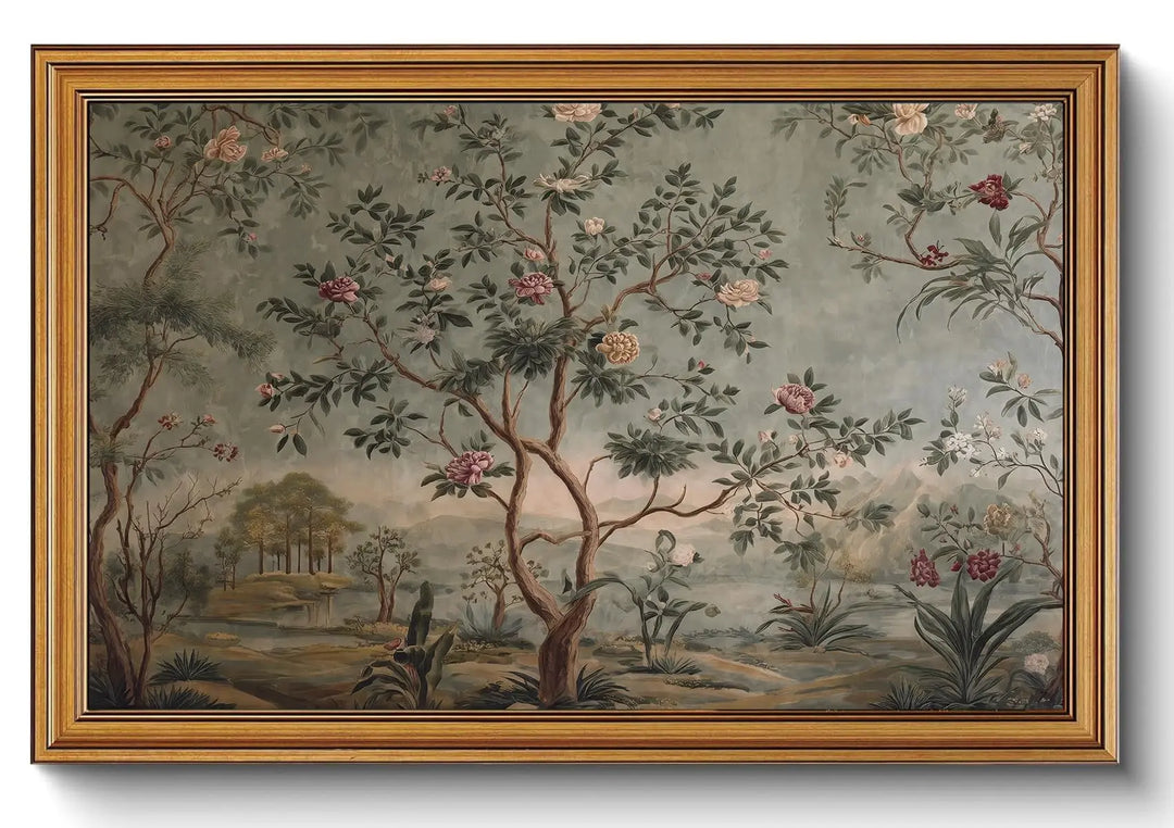 Vintage Chinoiserie Garden Gold Framed Canvas Wall Art 16x24 inch