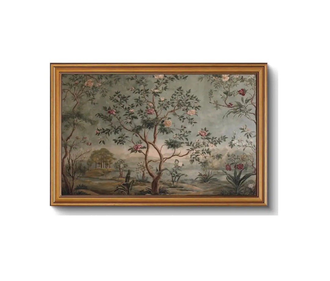 Vintage Chinoiserie Garden Gold Framed Canvas Wall Art 16x24 inch