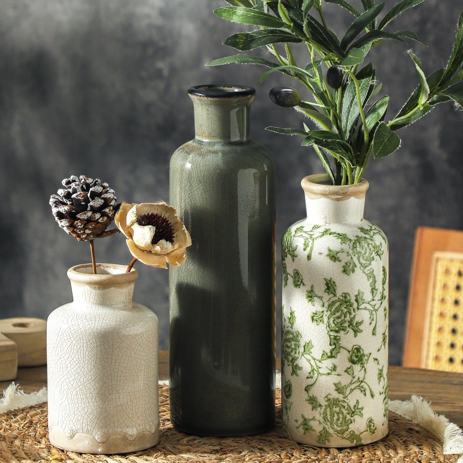 Vintage Vase Set of 3, Ceramic Vintage Flower Vases, Chinoiserie Decorative Home Decor Retro Floral Vase Rustic Farmhouse Decor for Table Bookshelf Mantel Kitchen Living Room Office - Green and Beige 