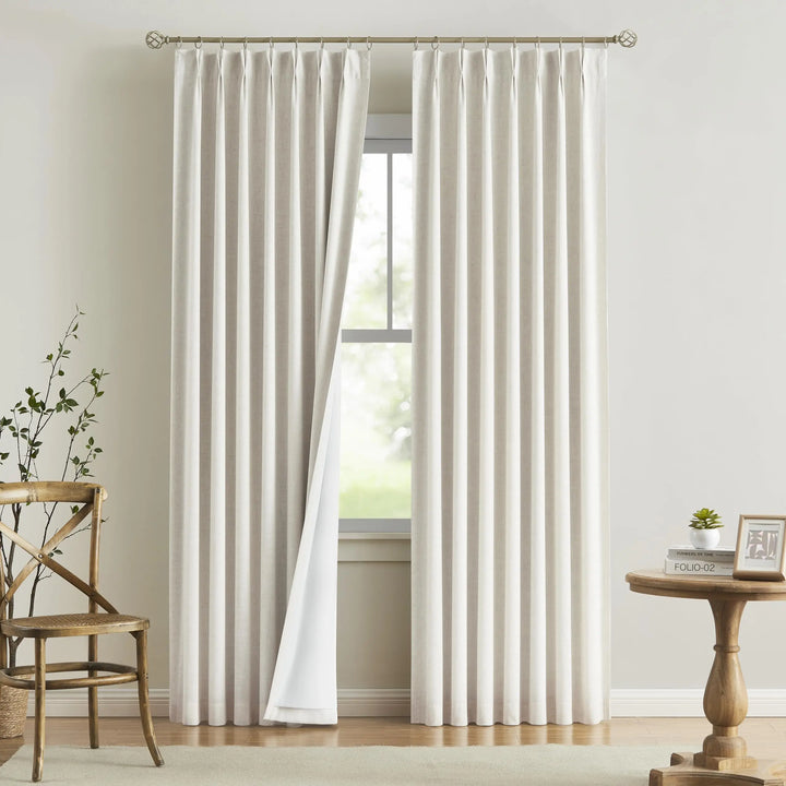 Vision Home Natural Full Blackout Curtains Linen Blended Darkening Window Curtains 84 inch for Living Room Bedroom Thermal Insulated Pinch Pleat Drapes with Hooks 2 Panel 40"Wx84"L
