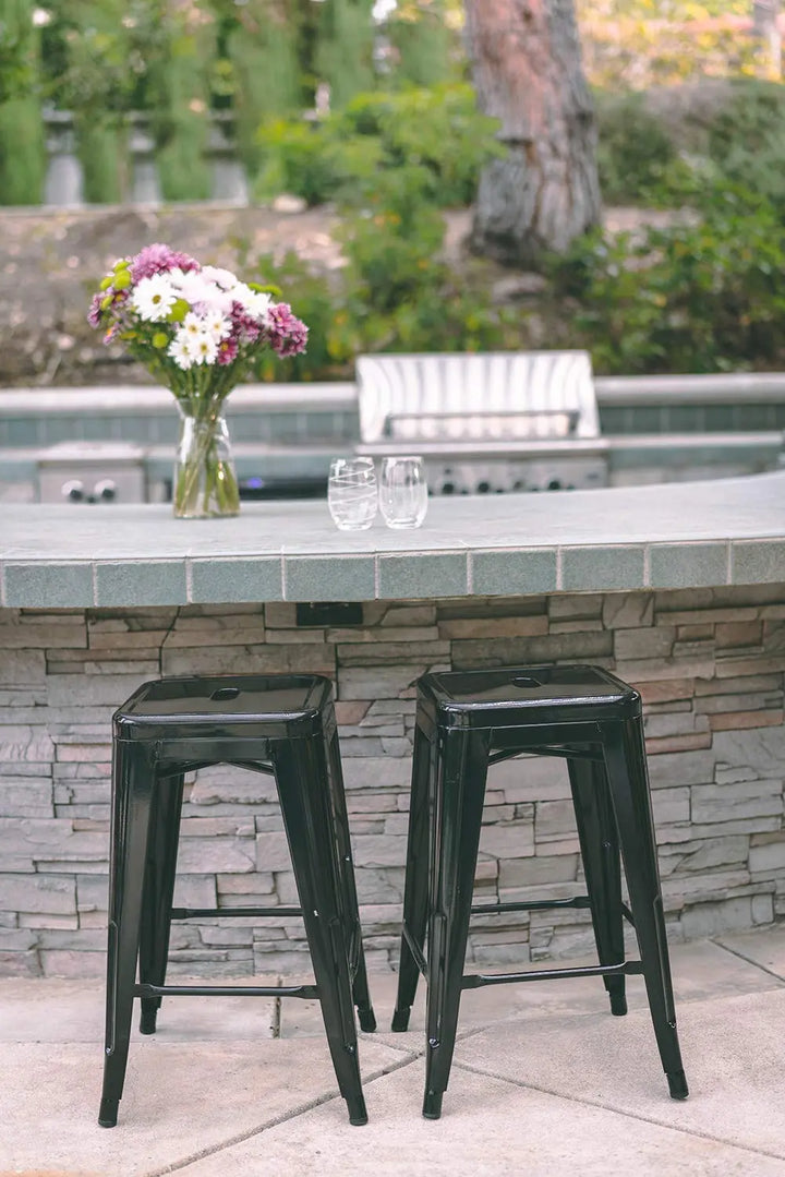 24 Inch Metal Bar Stools Set of 2, Stackable for Indoor Outdoor, Black 