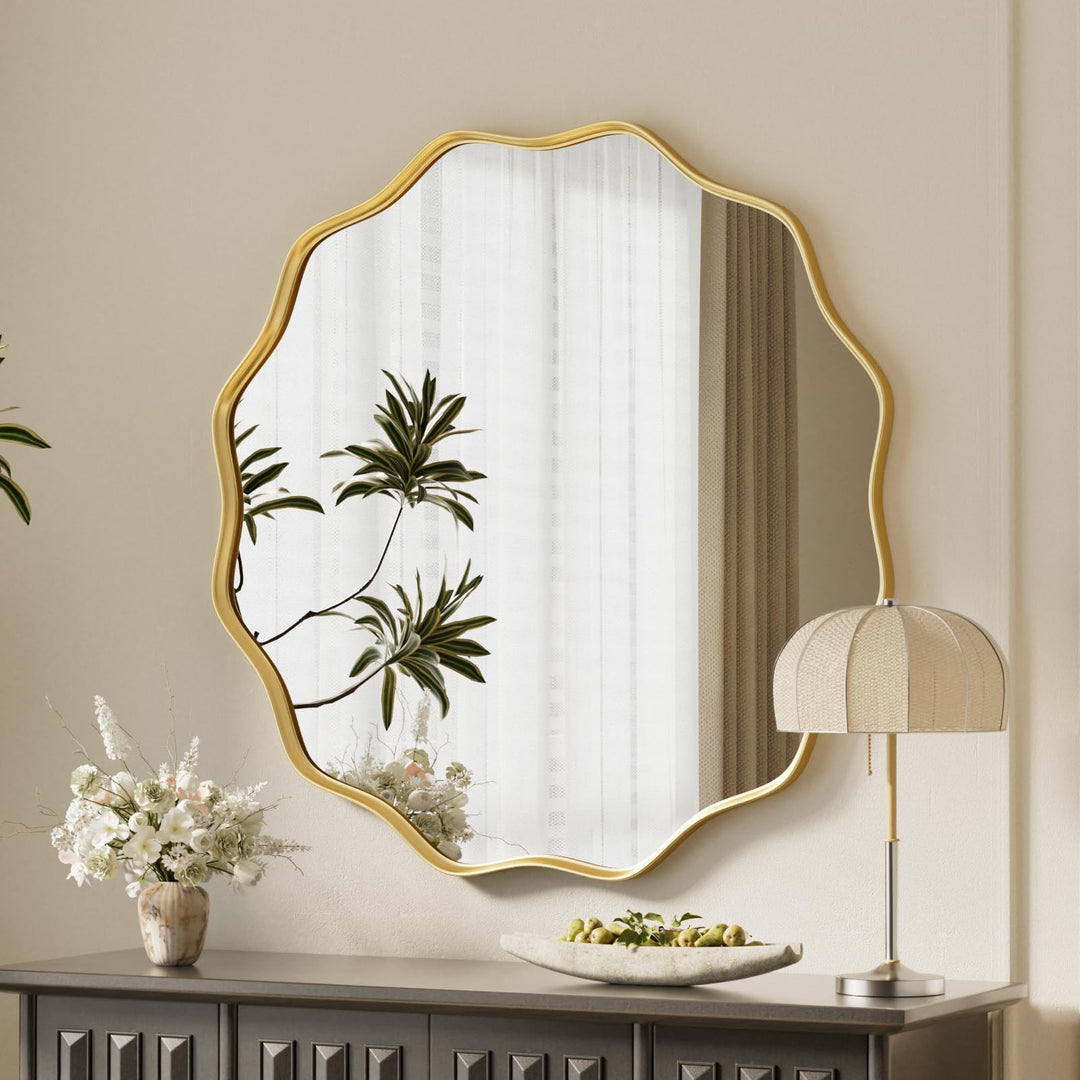 VooBang Gold Scalloped Circle Mirror, 24" Wavy Edge Round Wall Mirror 